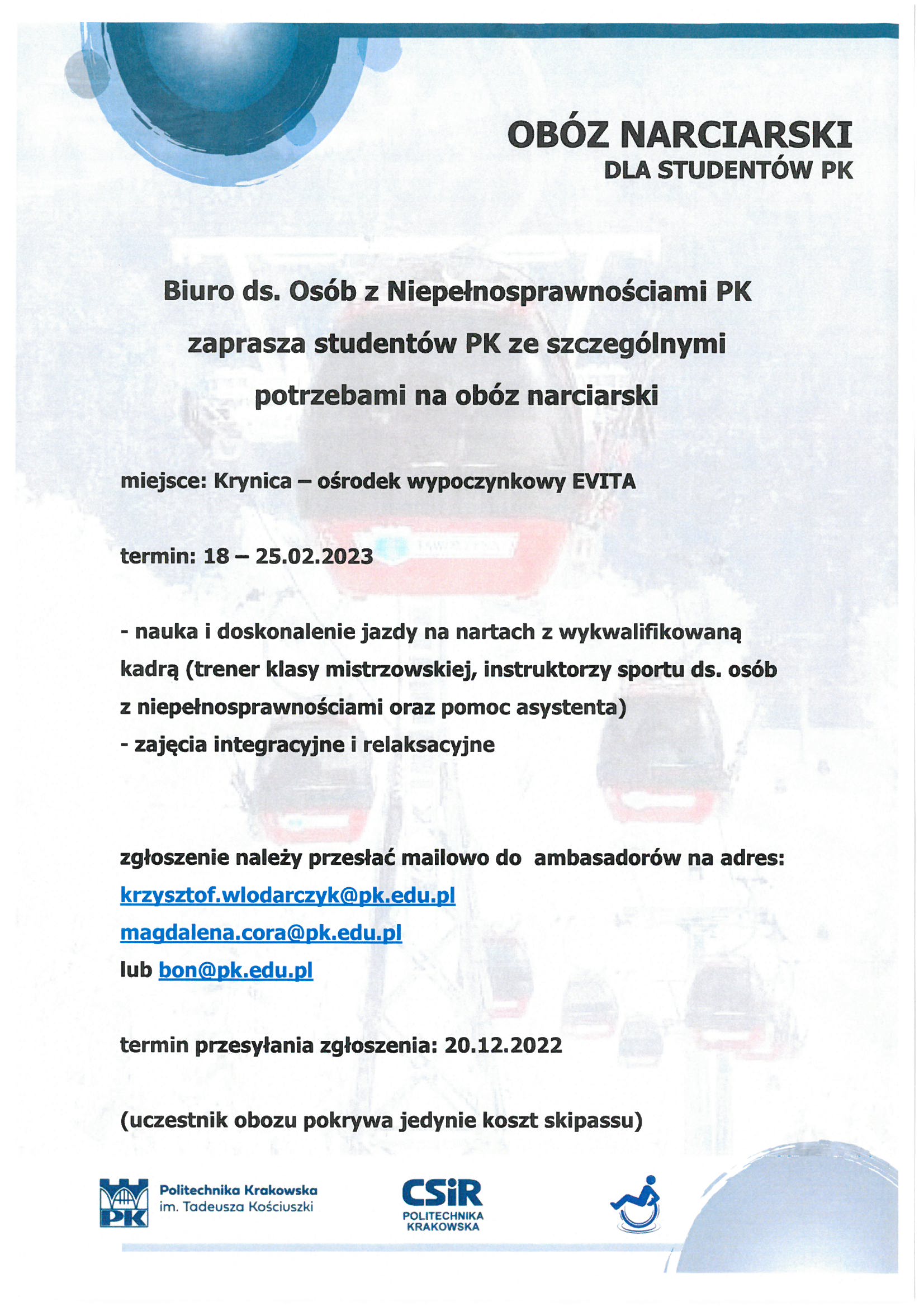 Obóz narciarski dla studentów PK ze szczególnymi potrzebami