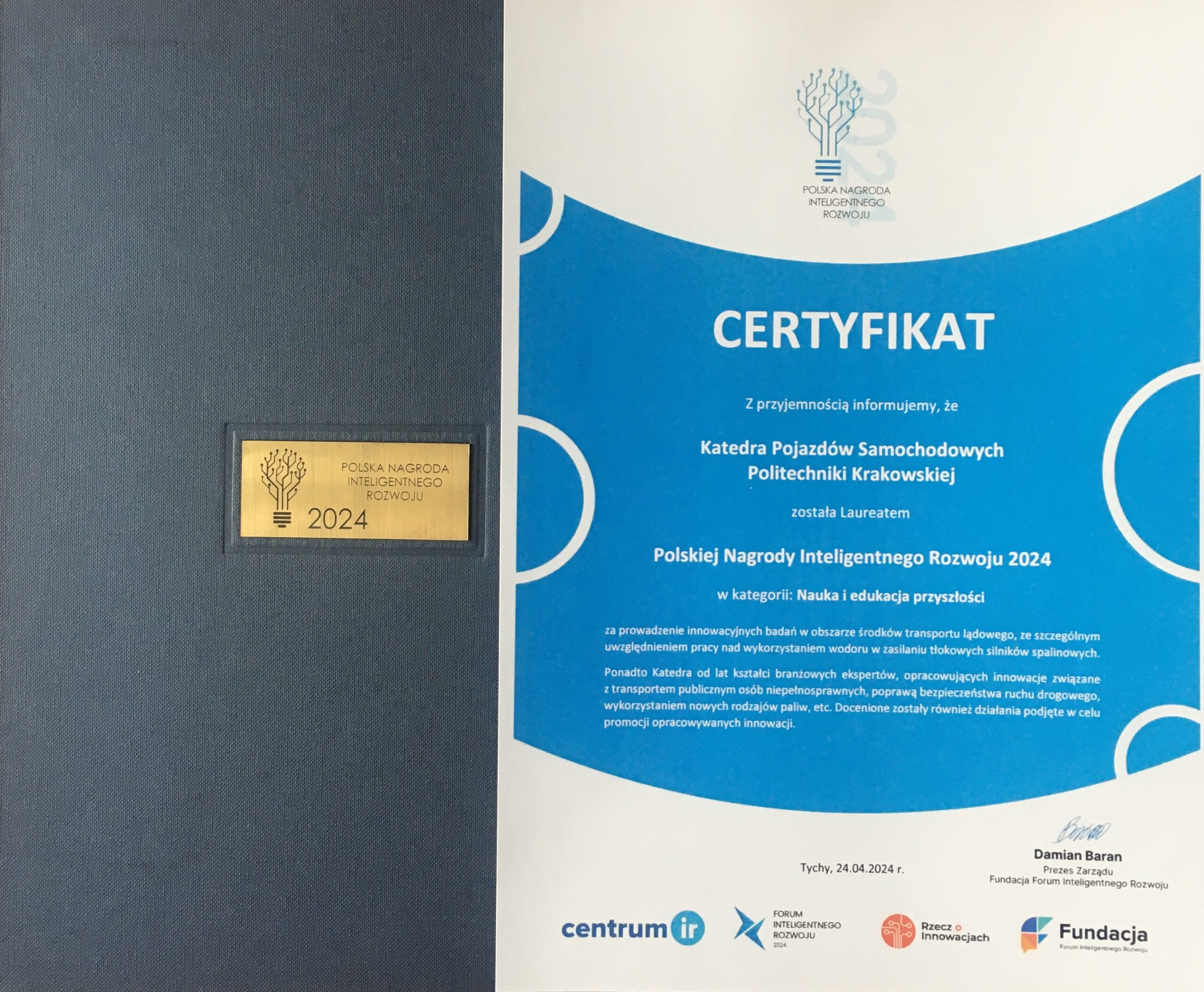 Katedra Pojazdów Samochodowych WM PK uhonorowana Polską Nagrodą Inteligentnego Rozwoju