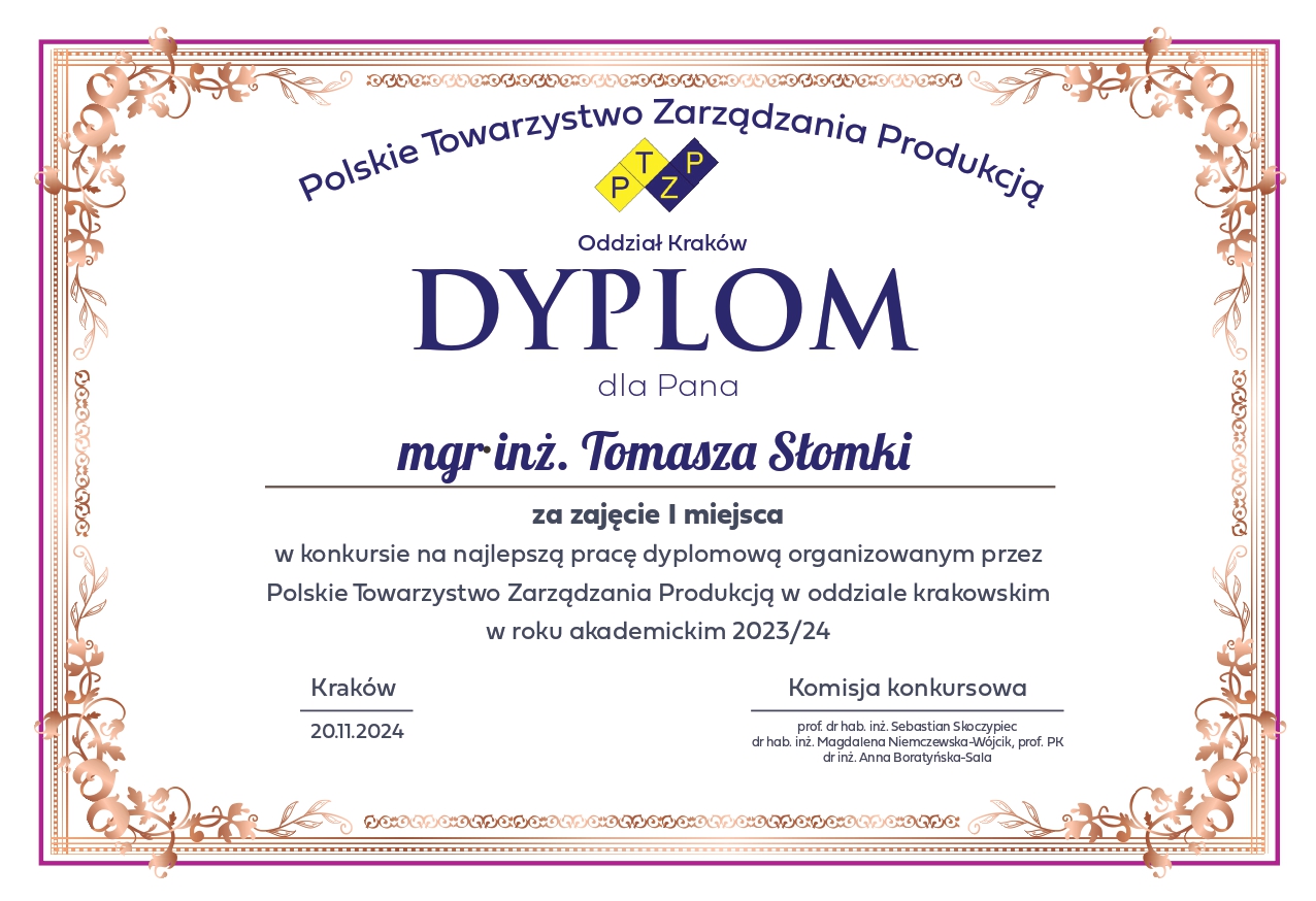 Absolwent Inżynierii Produkcji zwycięzcą konkursu Polskiego Towarzystwa Zarządzania Produkcją
