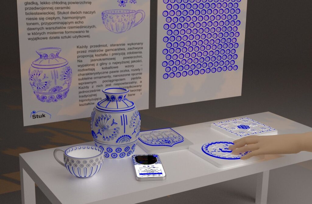 elementy tyflograficzne w kolorach biało niebieskim wydrukowane na drukarce 3D