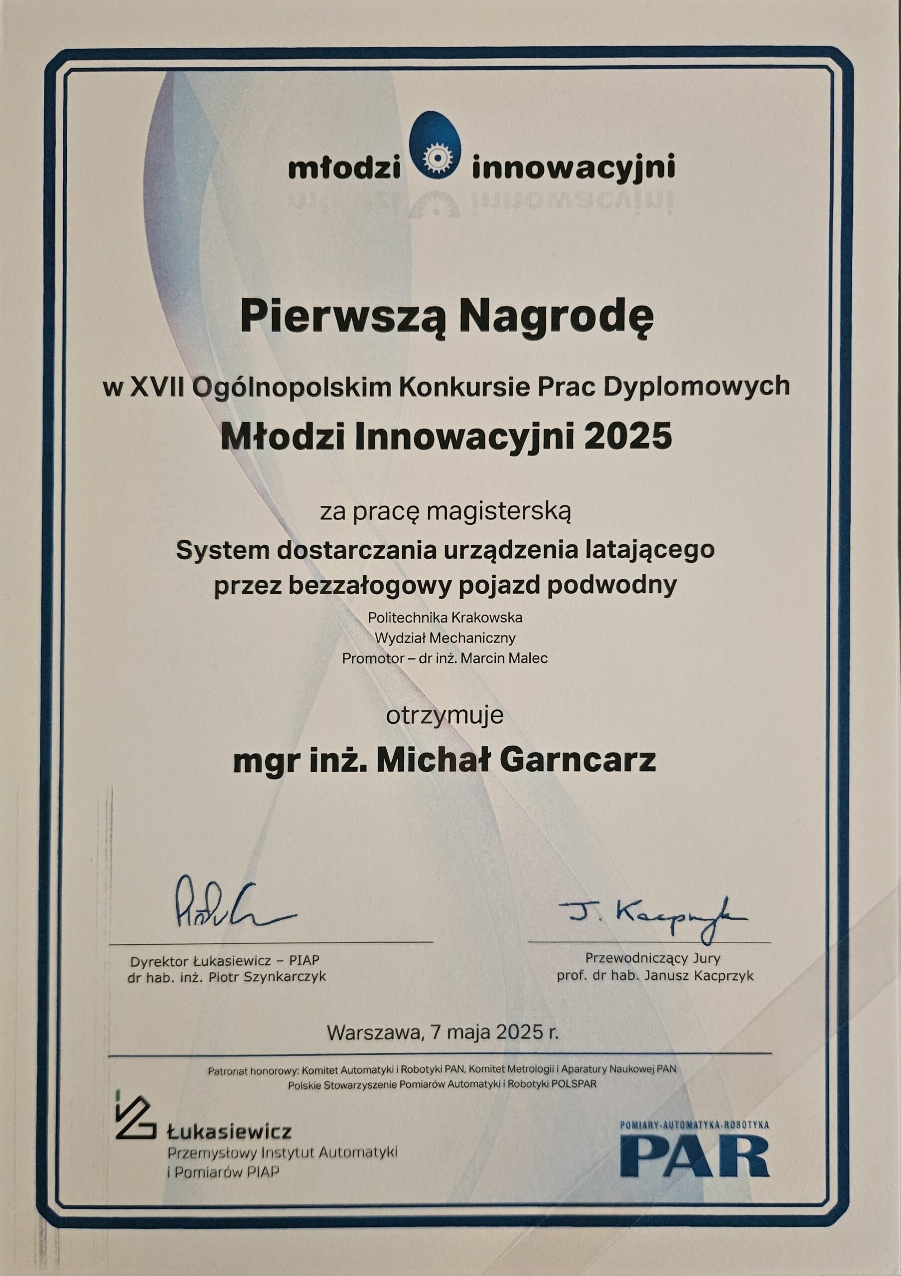 Absolwent Automatyki i Robotyki z 1 miejscem w  konkursie Młodzi Innowacyjni!