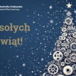 na górze z lewej logo wydziału mechanicznego, poniżej złoty napis "wesołych świąt", z prawej choinka złożona z kół zębatych, śrubek i innych mechanicznych elementów.